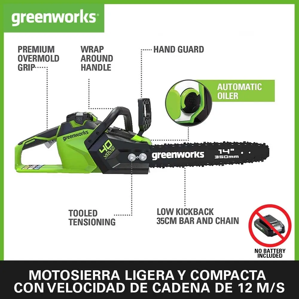 Фото Бензопила с аккумулятором Greenworks GD40CS15, бесщеточный двигатель, длина стержня 14 дюймов (35 см), скорость цепи 12 м/с, 3,5 кг, резервная защита №2