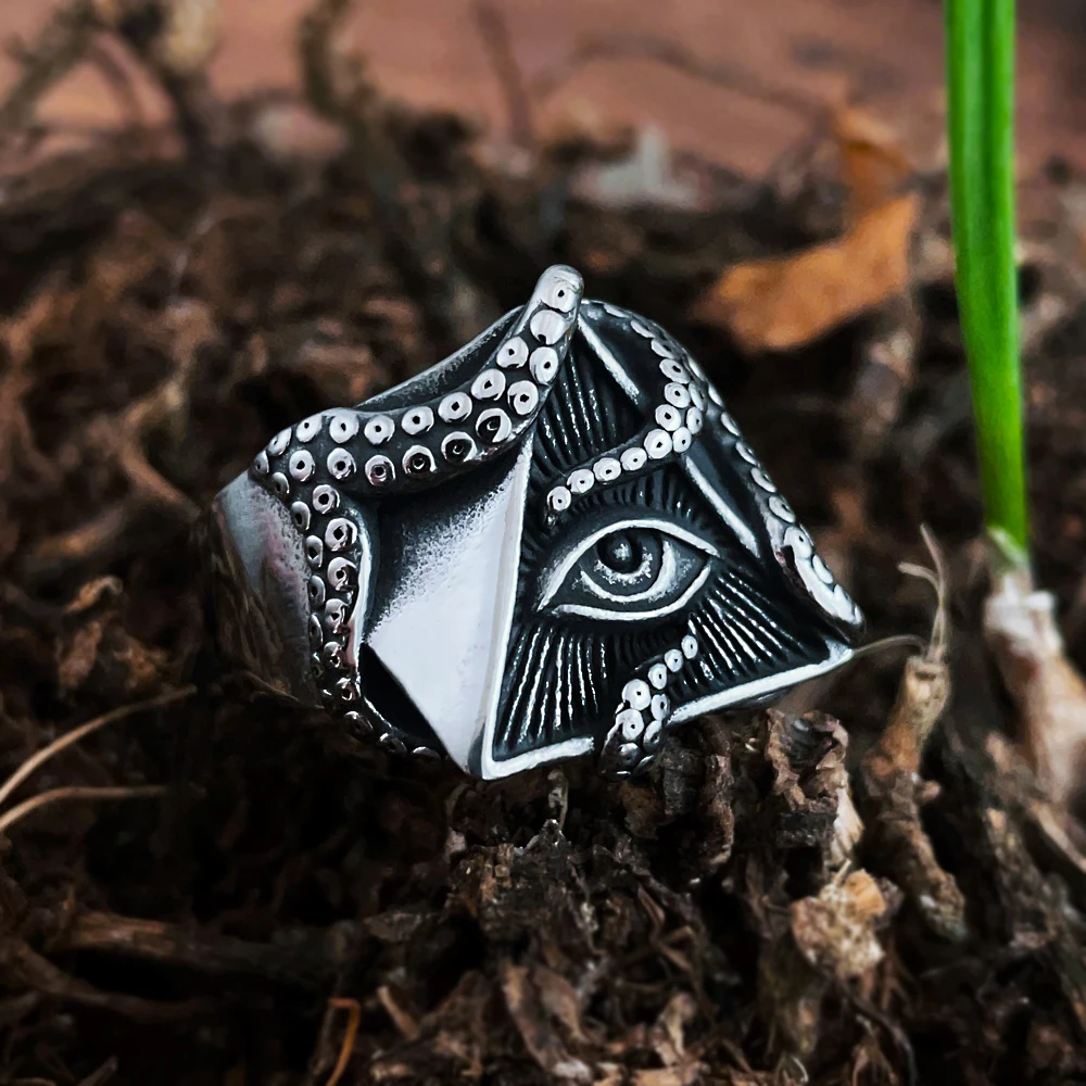 

Vintage Masonic Triangle All Seeing Eye Ring Stainless Steel Gothic Octopus Rings Men Punk Hip Hop Fashion Jewelry Free Shipping