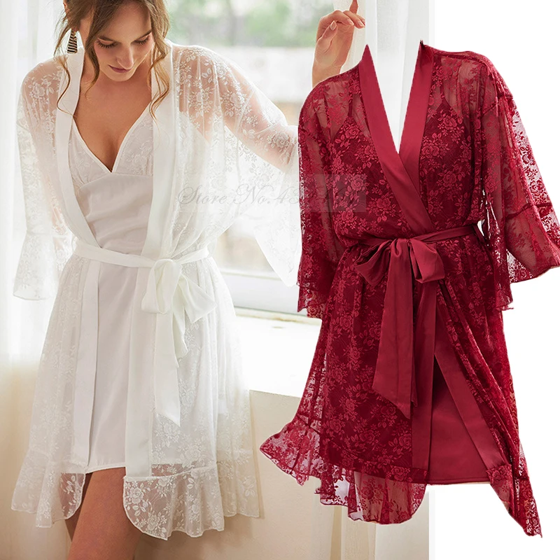 

Sexy Lace Twinset Robe Set Women Sleepwear Summer Satin Nightwear Nightdress Burgundy Bride Bridesmaid Wedding Robe Homewear