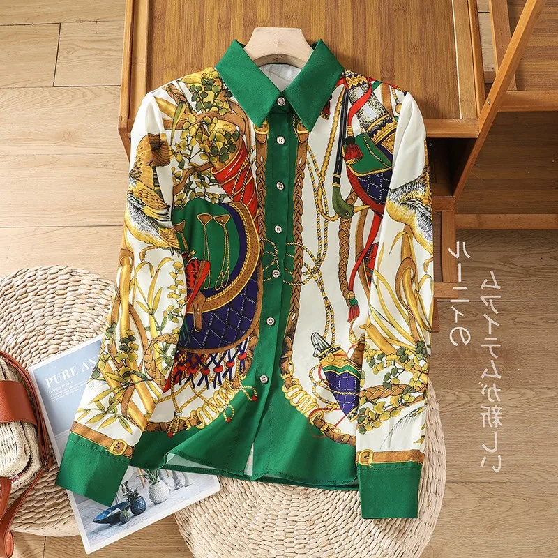 

Новинка весна-осень 2023 атласная Корейская версия модная Свободная блузка с принтом женская однобортная рубашка-поло с длинным рукавом и воротником-поло T672