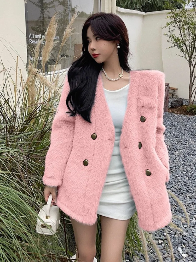 Autumn Winter New Faux Fur Coat Women High-Quality Luxury Plush Jacket Korean Fashion One Piece Clothes