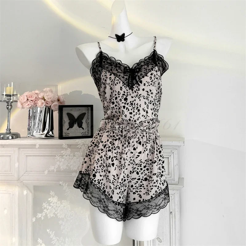 Леопардовый кружевной топ и шорты с принтом сексуальные женские пижамы на