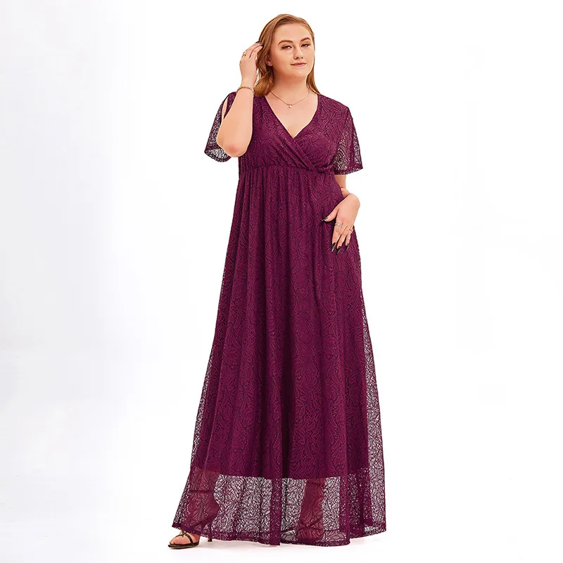 

Women's Summer Dress 2022 New Fashion Light Mature Style Lace V-Neck Short-Sleeved Dress Temperament Commuter Long Skirt