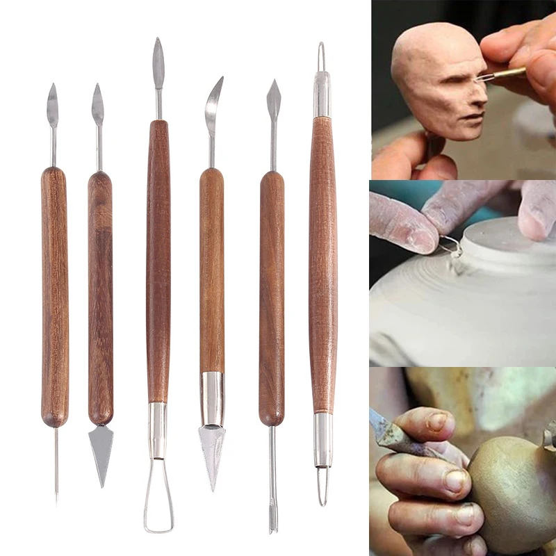 

6PCS/Set Pottery Clay Ceramic Sculpting Tool Suit Beginner Wood Handle Wax Carving Sculpt Smoothing DIY Engraving Pen Sets