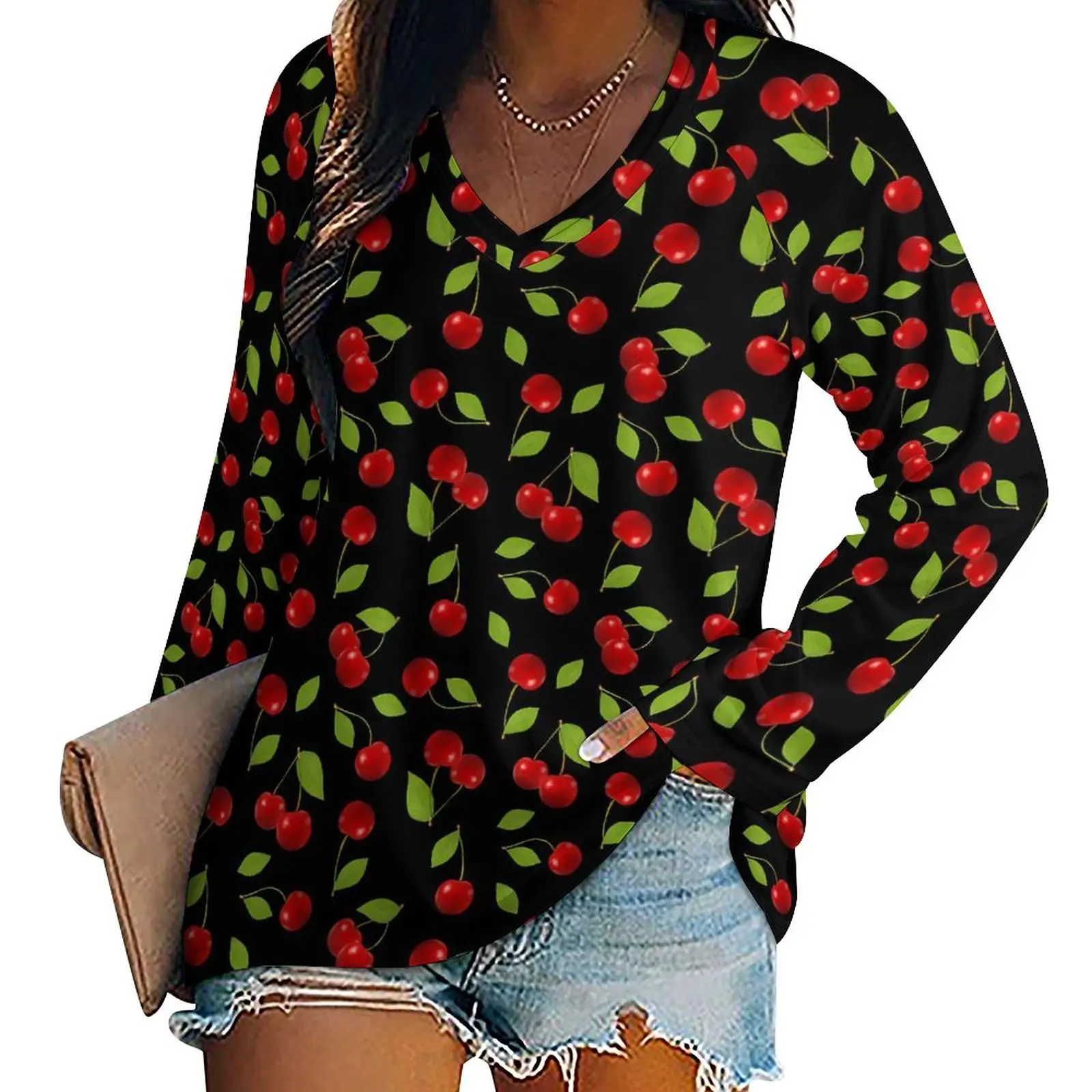 

Cute Cherries T-Shirts Green Leaves Modern T Shirt Womens Long Sleeve Korean Fashion Tshirt Big Size V Neck Custom Tees