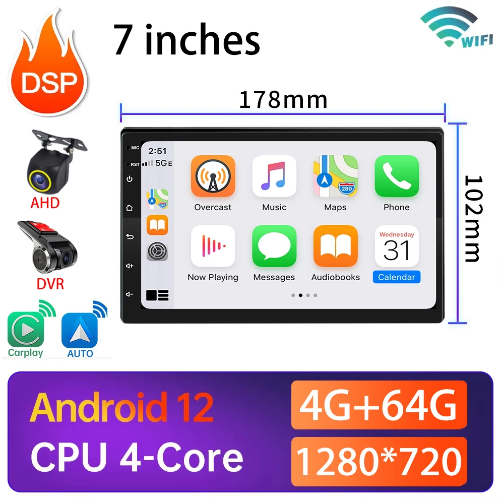 

7 / 9 / 10 дюйм Android 13 Автомобильное радио Видео 2 D CarPlay GPS Навигационный экран Мультимедийный проигрыватель Универсальный аудиоковер AI 2 D