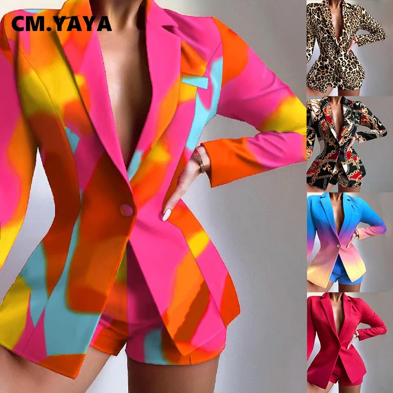 CM.YAYA Women's Set Elegant Blazer Tops and Shorts Suit Matching Two 2 Piece Office Lady INS Leopard Chian Tie Dye Outfits |