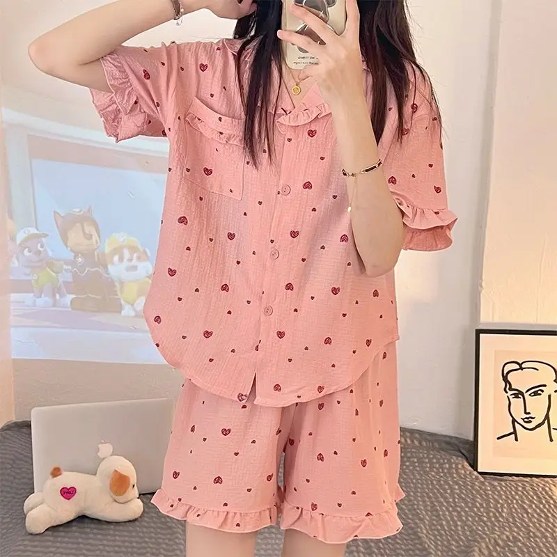 

Новинка 2023, летние женские пижамы, пижамные комплекты с принтом сердечек, одежда для сна, повседневная одежда для сна, милые шорты, рукав, Женский комплект домашней одежды