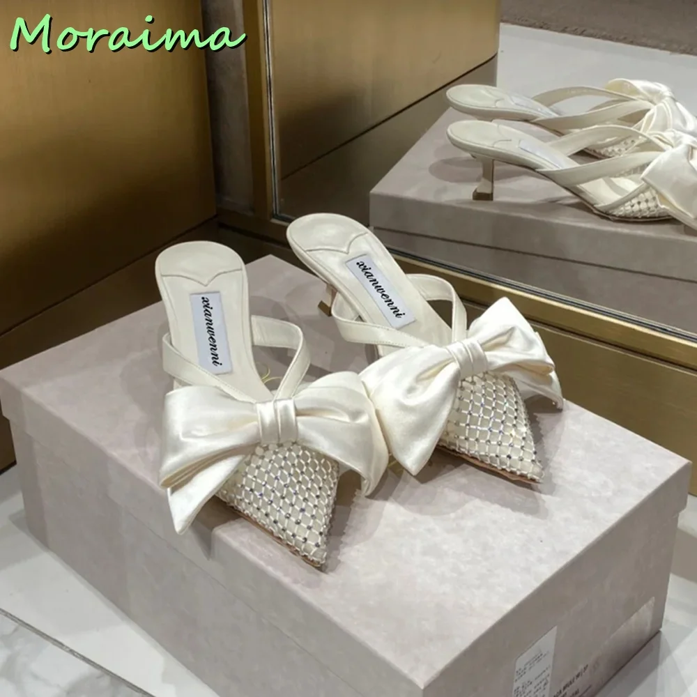 Rosy Red Velvet Butterfly Knot Slides Designer Women Pointed Toe Satin Mesh Slippers Summer Sexy Thin Mid Heel New Arrival 2023