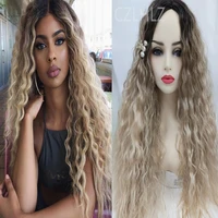 woman sexy very long curly wavy synthetic wig middle part dark roots natural blonde ombre curly hair costume party wig for women