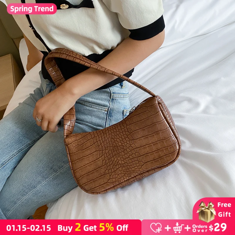 

Solid Color Women Baguette Handbags AII Match Ladies Small Shoulder Bags Retro Crocodile Pattern PU Leather Female Armpit Bag