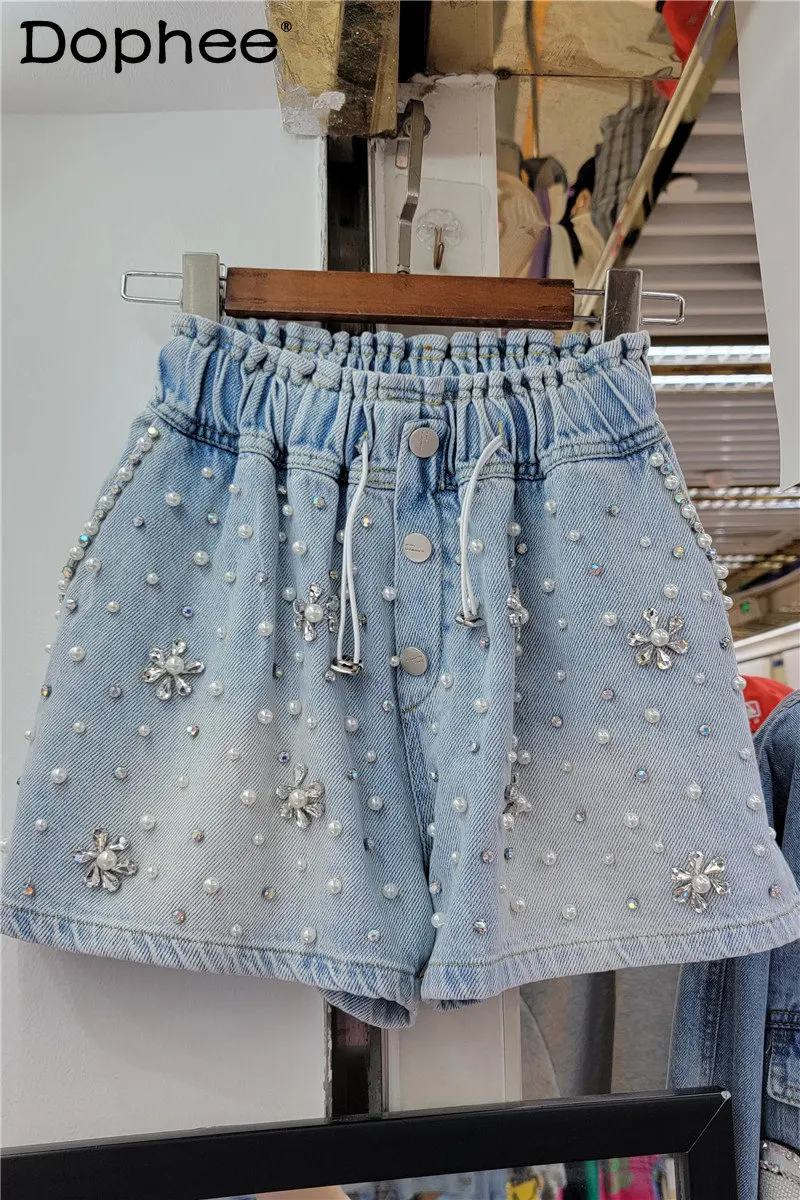 Exquisite Rhinestone Handmade Beaded High Waist Jeans Shorts Women Loose Slimming Wide-Leg Denim Shorts Spring  Summer Bottoms