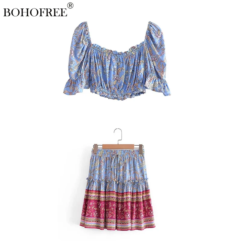 

Женский богемный комплект с коротким рукавом, юбка-топ с вырезом лодочкой и цветочным принтом