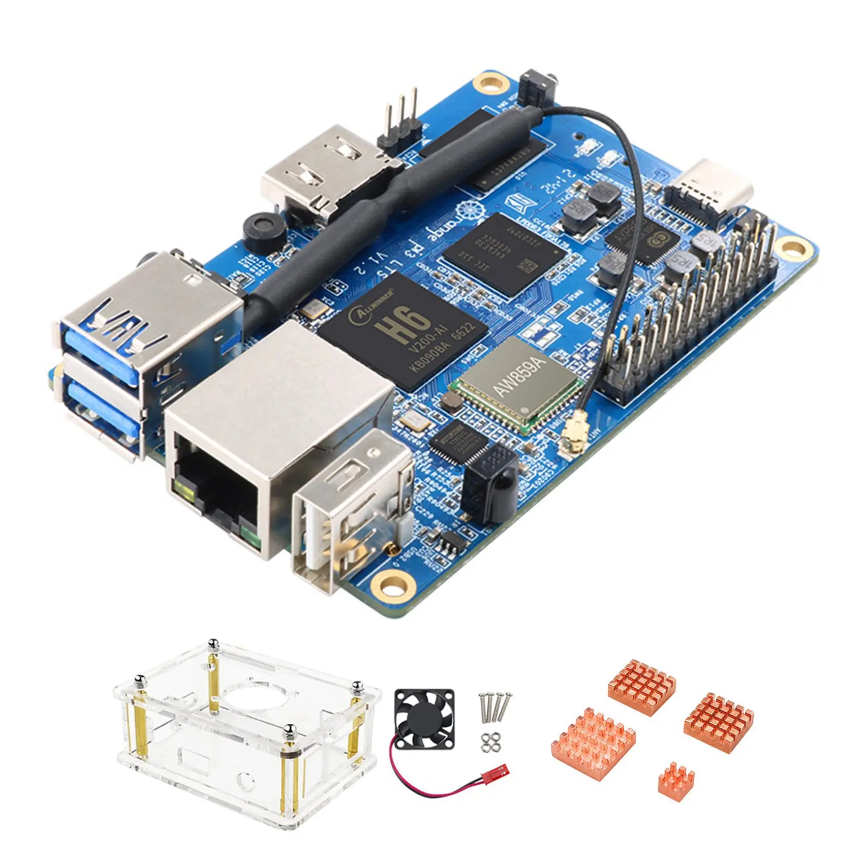 For Orange Pi 3 LTS Development Board+Case+Fan+Heat Sink H6 2G+8G EMMC Open Source for Android 9.0 Ubuntu Debian OS