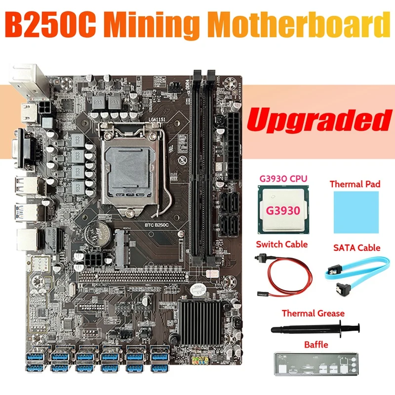 B250C ETH Miner Motherboard+G3930 CPU+Baffle+SATA Cable+Switch Cable+Thermal Grease+Thermal Pad LGA1151 12USB GPU Slot