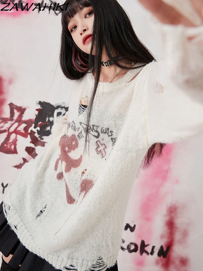 

Grunge Clothes Hollow Out Pullover Knitwear Y2K Aesthetic Shoulder Hole Long Sleeve Oversized T-shirt 2000s Rock Girl Tops