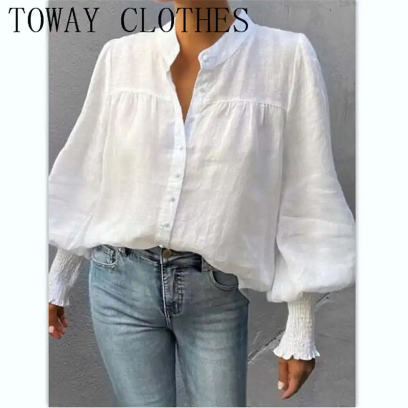 

Summer Autumn Women Stand Collar Lantern Sleeve Button Front Blouse
