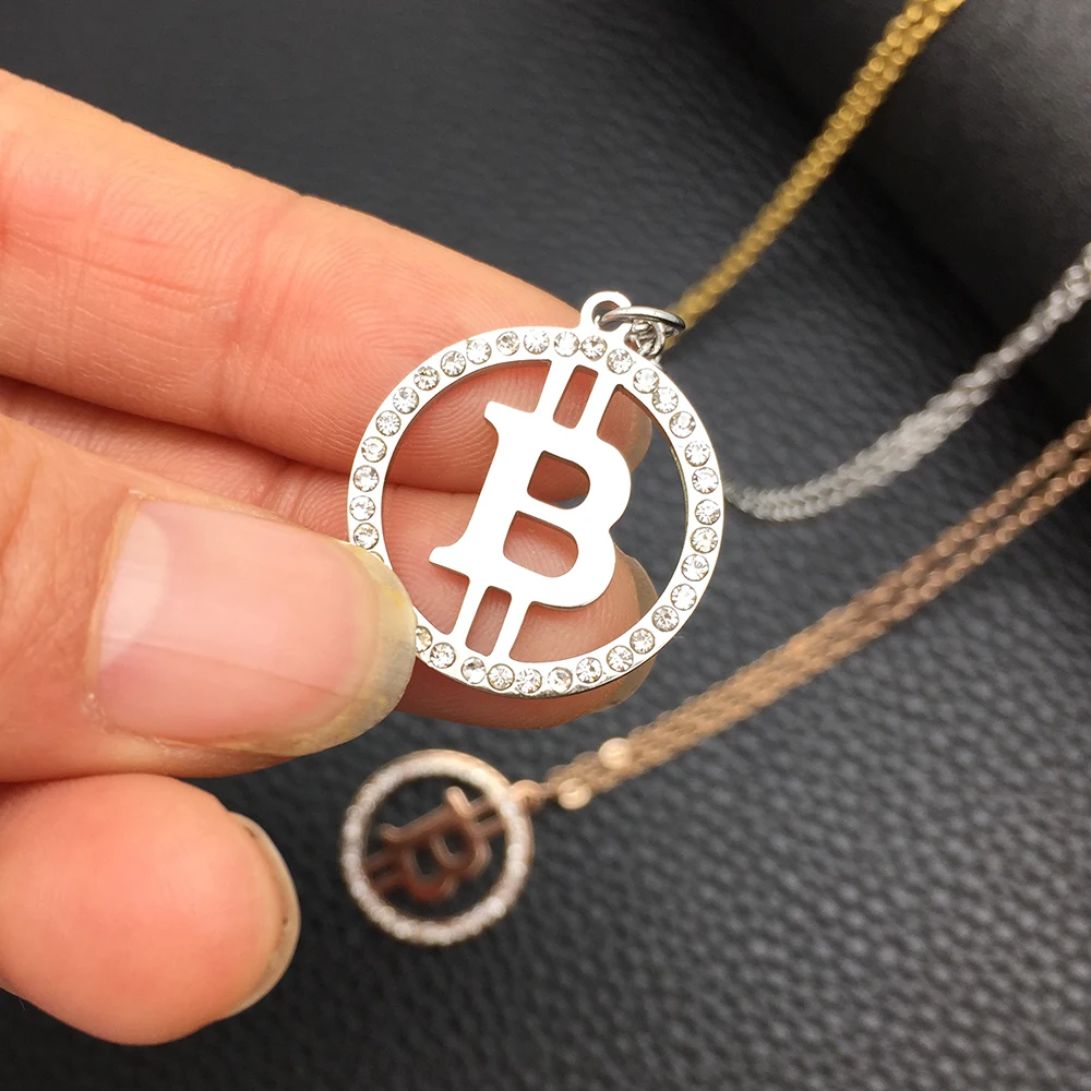 Ожерелье Стразы из нержавеющей стали с круглыми подвесками в виде биткоина трех