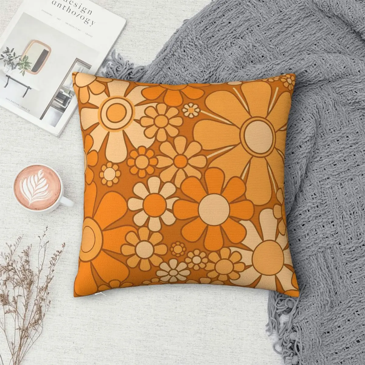 Фото Наволочка квадратная Sunny Orange Marigold Ochre из полиэстера, льна и бархата с узором, на молнии, декоративная, для подушки, чехол для кровати №4