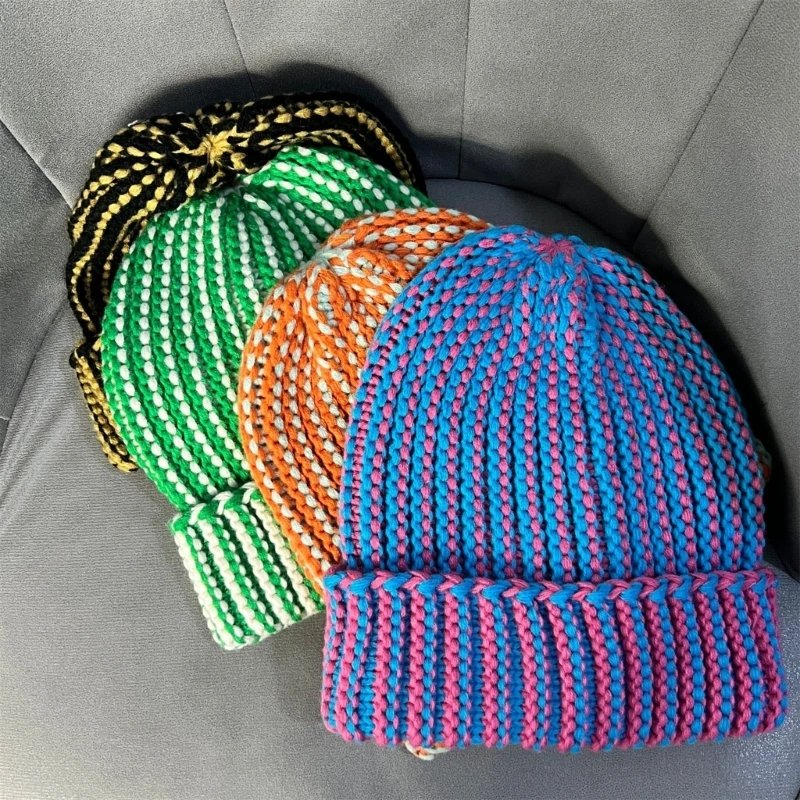 

Knit Beanie Hat Striped Beanie Hat Warm Skull Hat for Men Women Highlight Small Face Crochet Knitted Hat Skullies Beanie