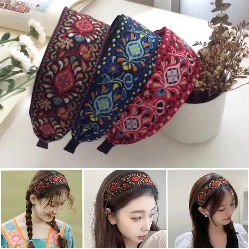 

Ethnic Style Styling Tools Wide Turban Embroidered Ribbon Headwear Hair Hoop Hairbands Head Wraps Headbands