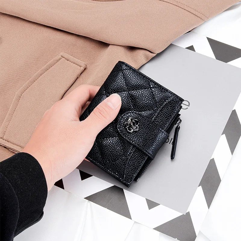 Women's Short Cowhide Wallet Diamond Fold Card Holder Lady's Genuine Leather Wallet Multiple Card Slots Coin Purse Money Clip