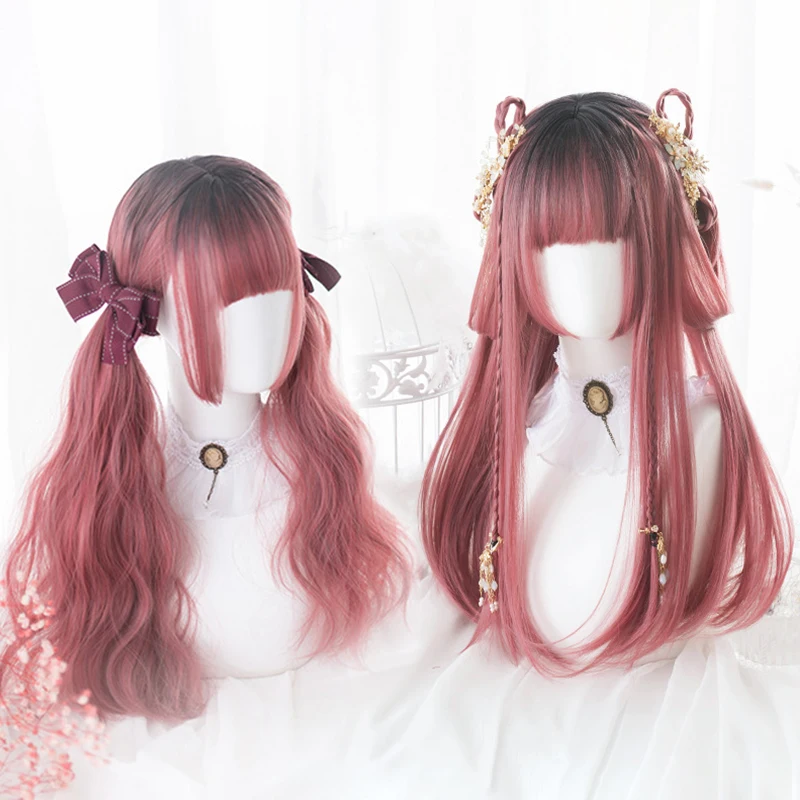 

Synthetic Wig Women Pink Color Lolita Wigs Halloween Party Hime Cut Bangs Hair Extensions MUMUPI