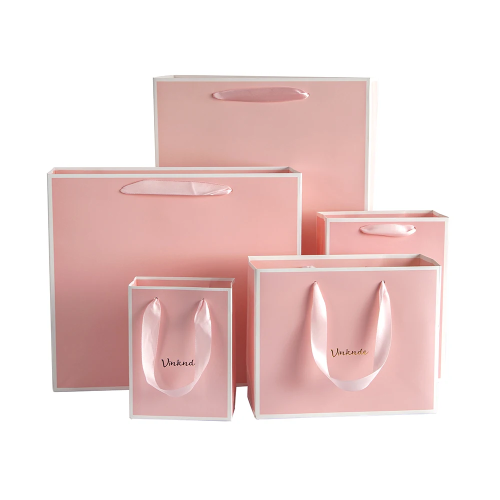 Pink White Paper Tote Bags with Handles 15x6x20cm Custom Logo Kraft Paper Shopping Retail Merchandise Gift Bags for Business