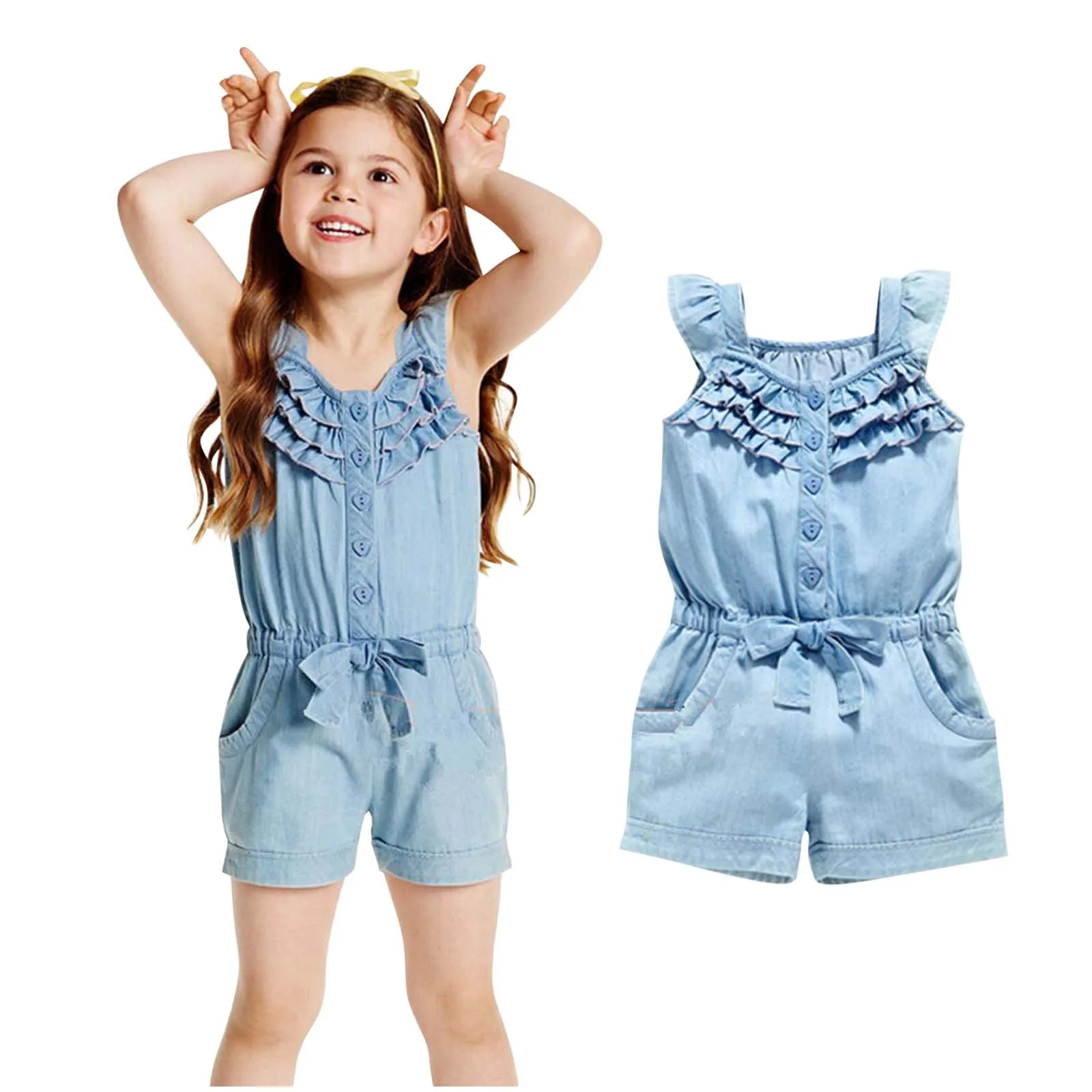 

Baby Girl Clothes Rompers Denim Blue Cotton Washed Jeans Sleeveless Bow Jumpsuit Toddler Jumpsuits Bodysuits Outfits