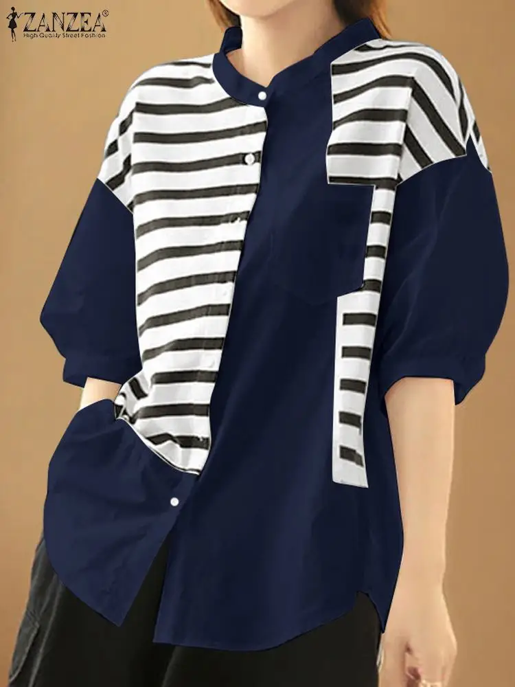 

ZANZEA Fashion Stripe Printed Shirt Autumn Woman Casual Street Chemise Patchwork Puff Sleeve Blouse Femme O Neck Tunic Tops 2023