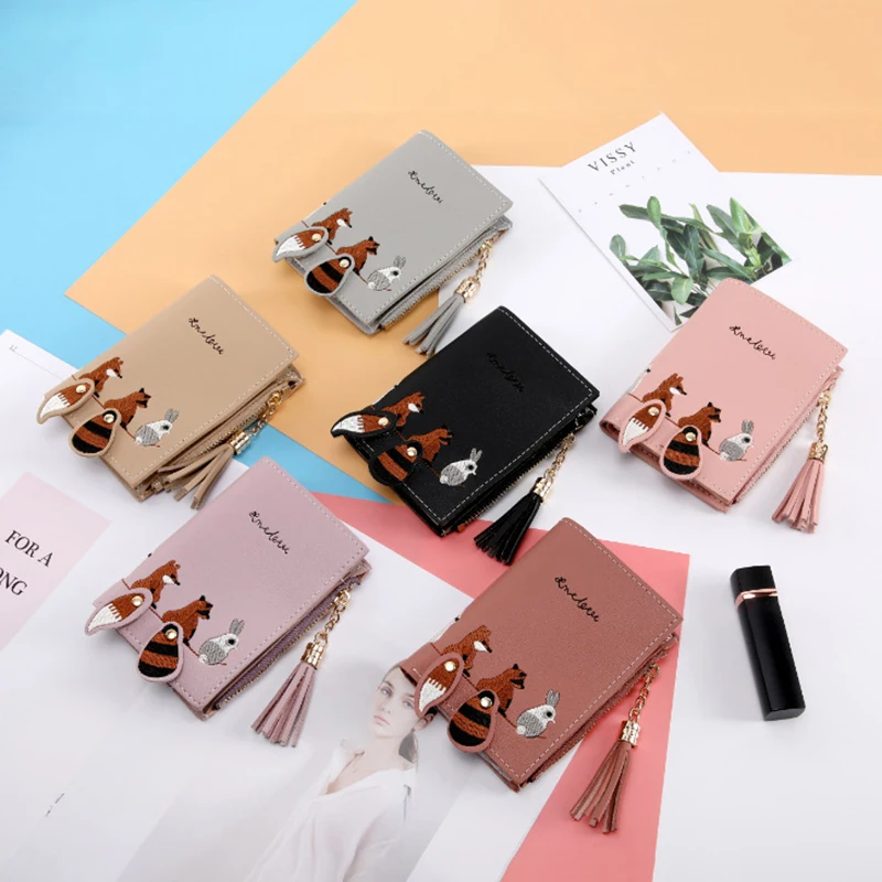 

High Quality Women Wallet Lovely Cartoon Animals Leather Short Small Coin Purse For Girls Hidden Buckle Zipper Purse Card Holder