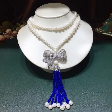 925s silver Natural freshwater pearl Peacock blue jade tassel chain 5-8mm necklace bow pendant zircon crystal jewelry