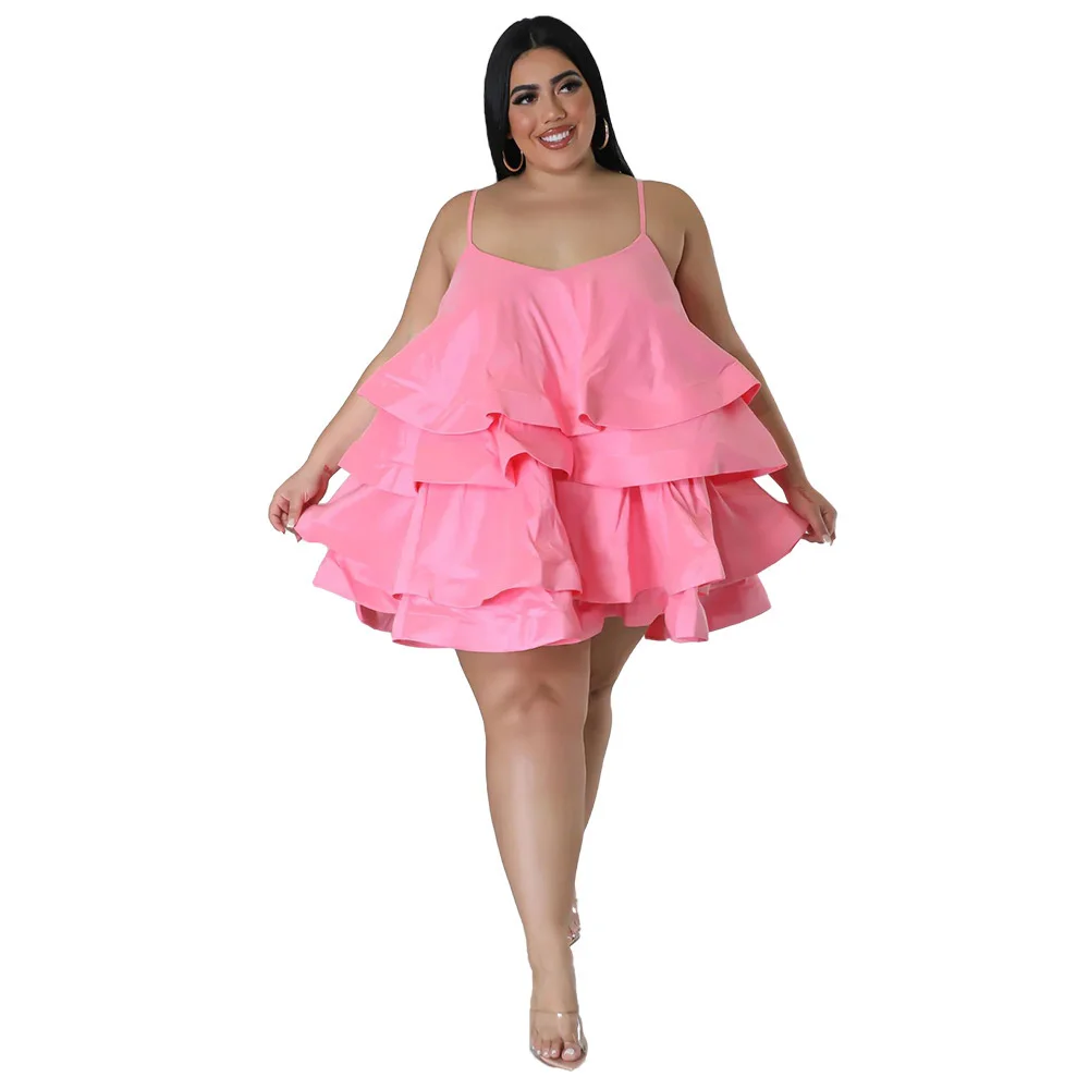 Plus Size Summer Sexy Puff Ruffles Sleeveless Women Dress 4xl Spaghetti v Neck Layers Solid Holidays Par 3xl 4xl 5xl 6xl