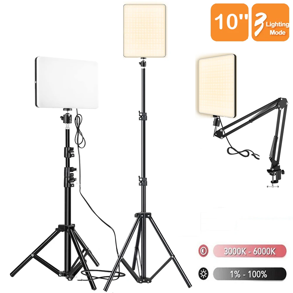 10inch LED Video Light Kit USB Photography Studio Lighting with Desk Arm Tripod Stand for Live Streaming Video Recording Makeup