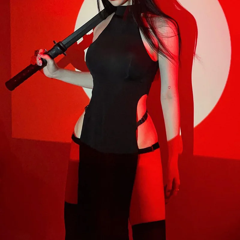 Cosplay High Split Side Sexy Sleeveless Dresses Gothic High Waist Y2k Slim Women Dress Harajuku Summer Night Clubwear