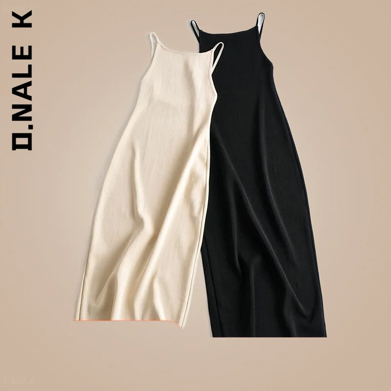 

D.Nale K Sleeveless O Neck Ladies Midi Dress 2022 Fashion Women Solid Beige Black Backless Sweater Dress