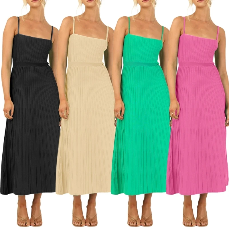 

Женское трикотажное платье-трапеция 50JB, однотонное плиссированное платье на бретелях-спагетти с квадратной горловиной и высокой талией