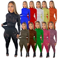 perl ripped high neck skinny two pices set women outis elastic skinny matching tracksuit sexy club clothing pencil pants suit