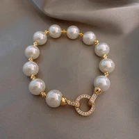 luxury white pearl bracelet golden with micro pave cz circle buckle women costume jewelry accessories fashion gifts
