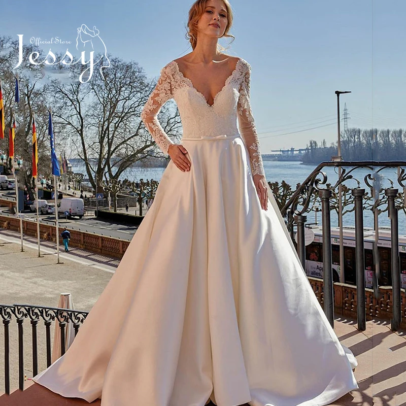 

Elegant Wedding Dress Matte Satin With Lace A-line Ball Gown V-neck Full Sleeve Bride Gowns Backless Vintage Vestido De Casament