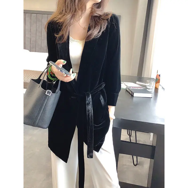 

Velvet Long Black Bandage Women Coats Jacket Autumn New 2022 V-Neck Slim Long-Sleeved Elegant Office Lady Outwear Tops Loose 3XL