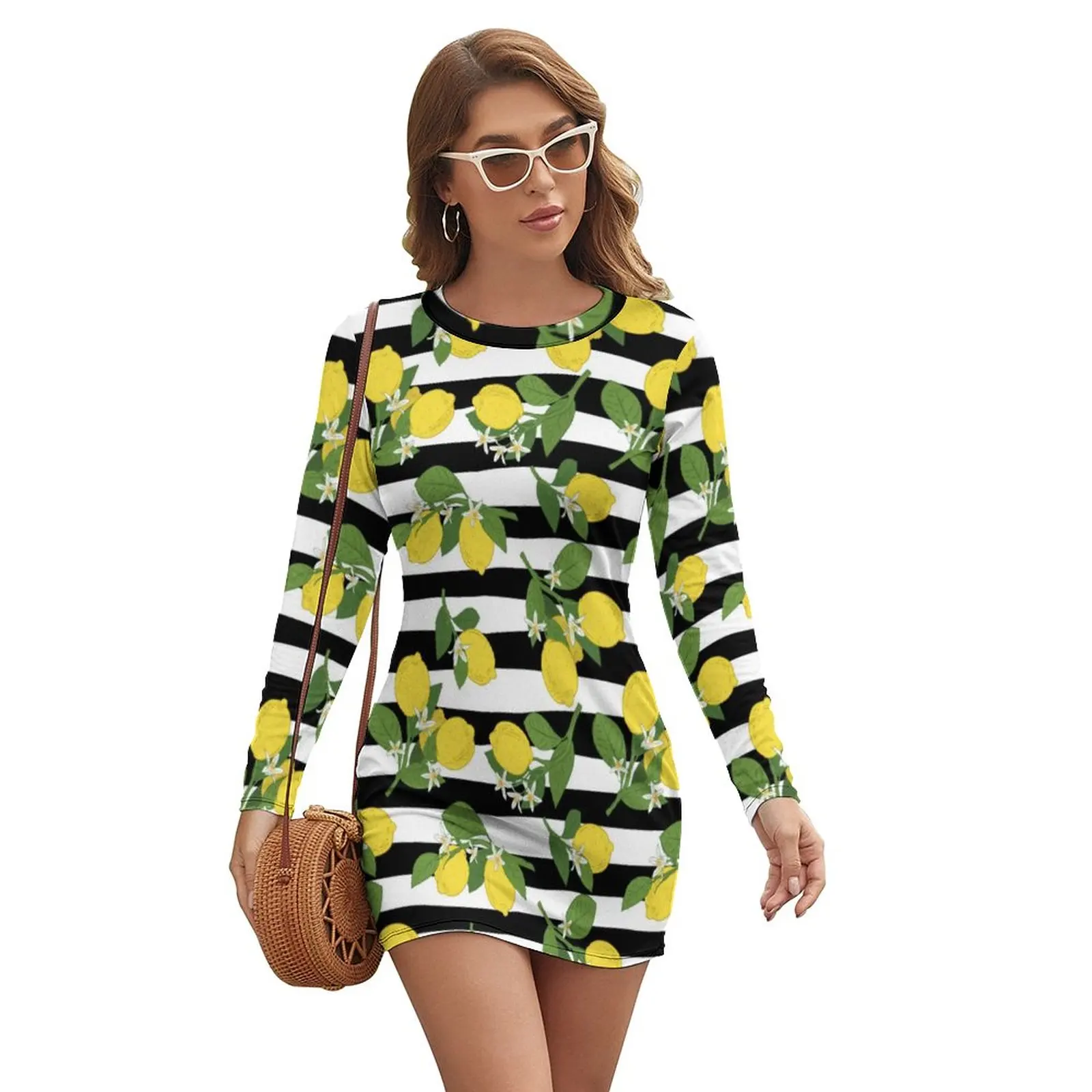 

Lemon Lemons Yellow Dress Long Sleeve Black And White Stripes Cute Dresses Summer Korean Fashion Graphic Bodycon Dress Big Size