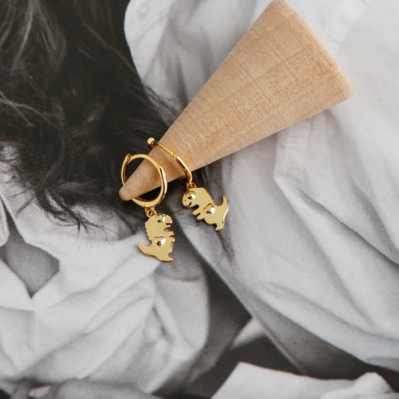 Маленькие серебряные и золотые серьги-кольца в форме динозавра для женщин