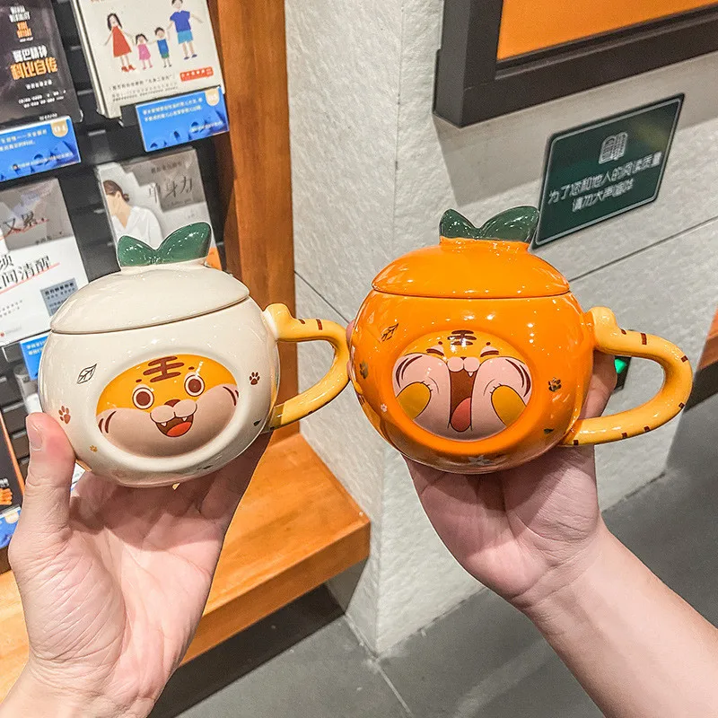 

380ML Lovely Tiger Ceramic Cup With Lid Ceramic Water Milk Mugs For Men/Women Home Breakfast Milk Cup