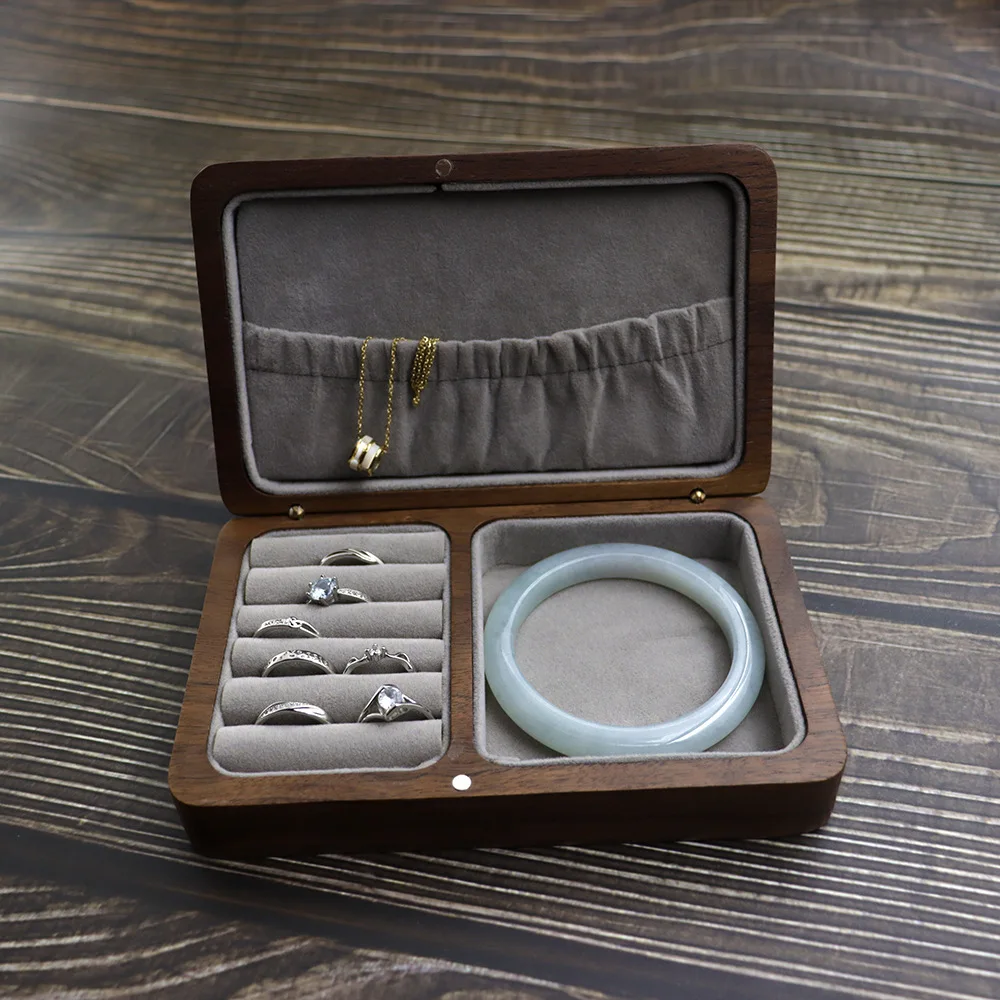 Boutique Black Walnut Cloth Pocket Jewelry Storage Box Ring Bracelet Earrings Necklace Carrying Case Wooden Gift Case