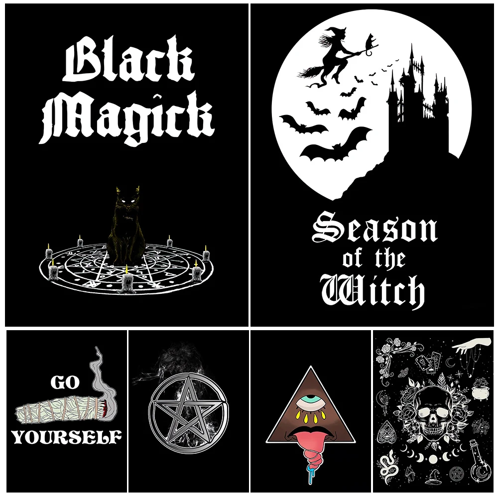 Ведьма шляпа и Луна символов черно-белая настенная Картина на холсте серая