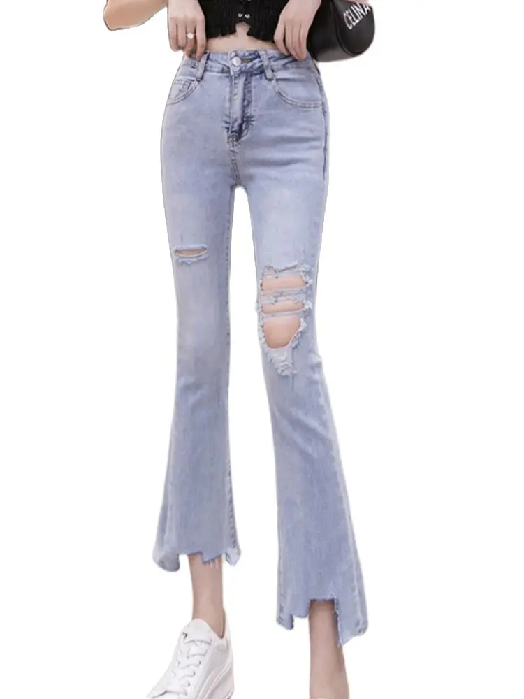 

Casual Jeans 2022 Summer New High-Waisted Holes Show Thin Nine Points Elastic Flared Pants Fashion Women'S Clothing
