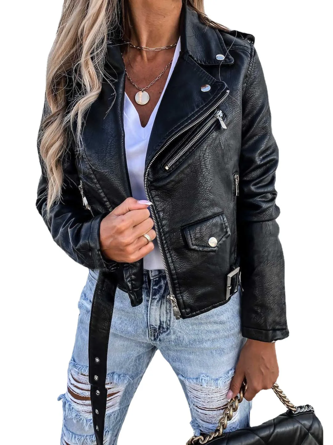 DEARIRIS Zipper Motorcycle Cropped Jacket top PU LeatherJacket