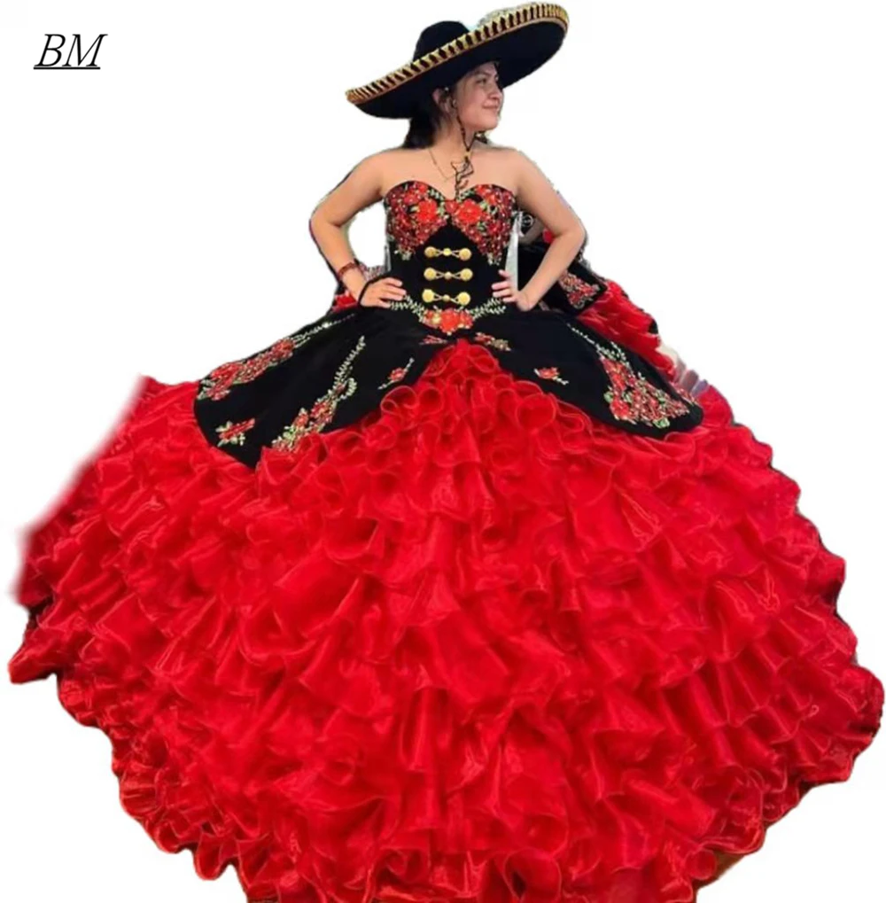 

BM Black And Red Mexican Sweet 15 16 Quinceanera Dresses Charro Floral Applique Ruffles Sweetheart Embroidery Vestido De15 Anos