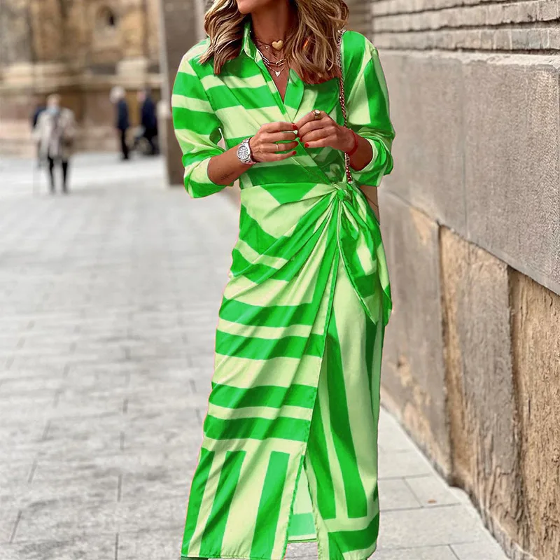

2022 Sexy Party Streetwear Club Lace Up Long Sleeve Dress Striped Summer Lapel Long Sheath Purple Green Dresses Vestidos Mujer